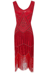 Burgundy 1920s Scoop Neck Sleeveless Gatsby Dress with Fringe