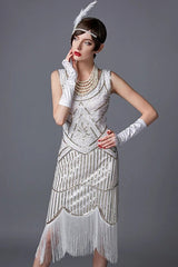 White 1920s Scoop Neck Sleeveless Gatsby Dress with Fringe