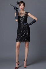 Black Crew Neck Sleeveless Sequined Flapper 1920s Dress