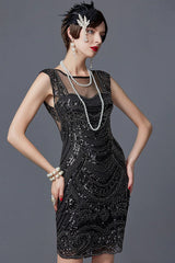 Black Crew Neck Sleeveless Sequined Flapper 1920s Dress