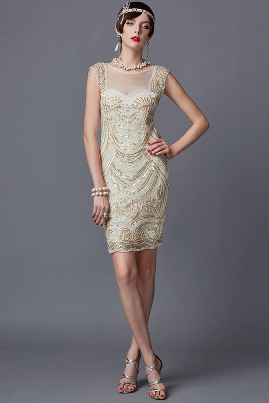 Champagne Crew Neck Sleeveless Sequined Flapper 1920s Dress