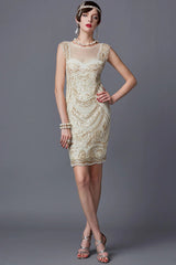 Champagne Crew Neck Sleeveless Sequined Flapper 1920s Dress