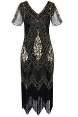 Black Fringe 1920s Short Sleeve V-Neck Flapper Dress