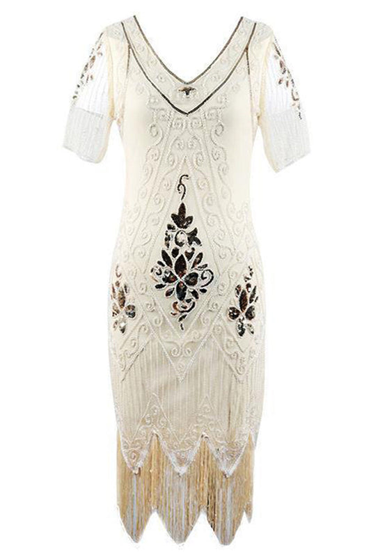 Apricot Fringe 1920s Short Sleeve V-Neck Flapper Dress