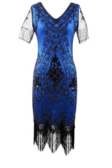 Blue Fringe 1920s Short Sleeve V-Neck Flapper Dress