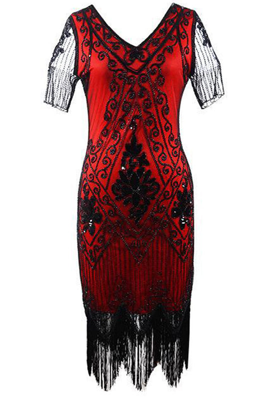 Red Fringe 1920s Short Sleeve V-Neck Flapper Dress