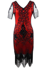 Gold Red Fringe 1920s Short Sleeve V-Neck Flapper Dress