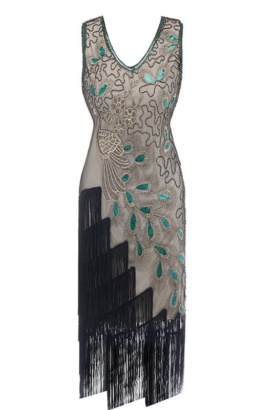 Black Peacock 1920s V-Neck Sleeveless Gatsby Dress with Fringe