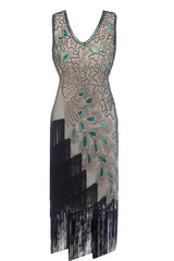 Blue Peacock 1920s V-Neck Sleeveless Gatsby Dress with Fringe