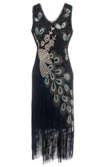 Black Peacock 1920s V-Neck Sleeveless Gatsby Dress with Fringe