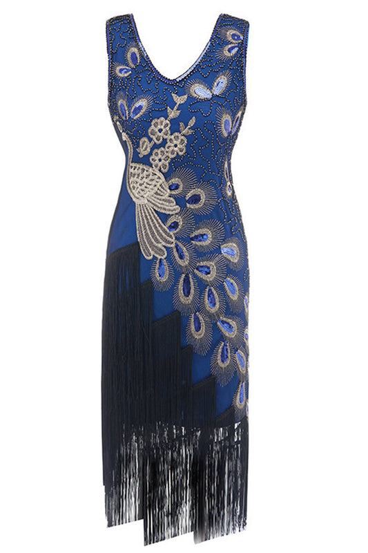 Blue Peacock 1920s V-Neck Sleeveless Gatsby Dress with Fringe