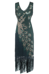 Black Peacock 1920s V-Neck Sleeveless Gatsby Dress with Fringe