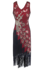 Black Peacock 1920s V-Neck Sleeveless Gatsby Dress with Fringe