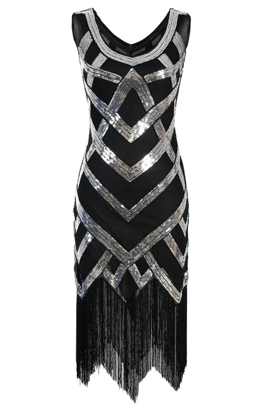 Black Silver Sleeveless Scoop Neck Fringe Flapper 1920s Dress