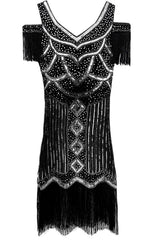 Black Gold 1920s Cold Shoulder Gatsby Dress with Fringe