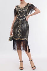 Apricot 1920s Cold Shoulder Gatsby Dress with Fringe