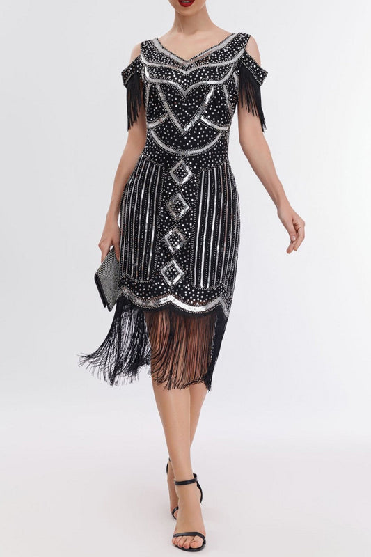 Black Silver 1920s Cold Shoulder Gatsby Dress with Fringe