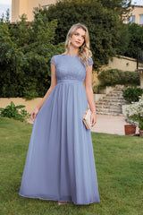 Grey Blue Lace Bridesmaid Dress Cap Sleeves Chiffon Mother of the Bride Dress