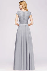 Grey Blue Lace Bridesmaid Dress Cap Sleeves Chiffon Mother of the Bride Dress