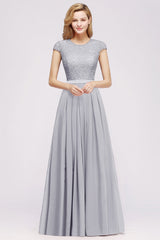 Grey Blue Lace Bridesmaid Dress Cap Sleeves Chiffon Mother of the Bride Dress