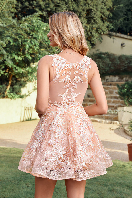 Pink Tulle Lace A-Line Sleeveless Short Graduation Dress