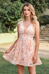 Pink Tulle Lace A-Line Sleeveless Short Graduation Dress