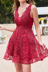 Red Tulle Lace A-Line Sleeveless Short Graduation Dress