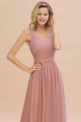 Dusty Rose V Neck Bridesmaid Dress A Line Evening Dress