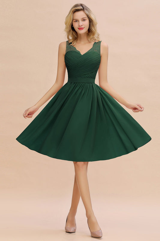 Green V Neck Bridesmaid Dress A Line Lace Chiffon Party Dress