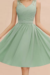 Green V Neck Bridesmaid Dress A Line Lace Chiffon Party Dress