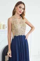 Navy Evening Dress V Neck Chiffon Bridesmaid Dress with Lace Appliques