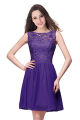 Lilac Chiffon Homecoming Dress Lace Sleeveless Short Party Dress