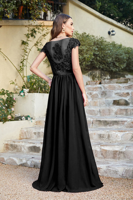 Black Chiffon Lace Bridesmaid Dress Cap Sleeve Formal Dress