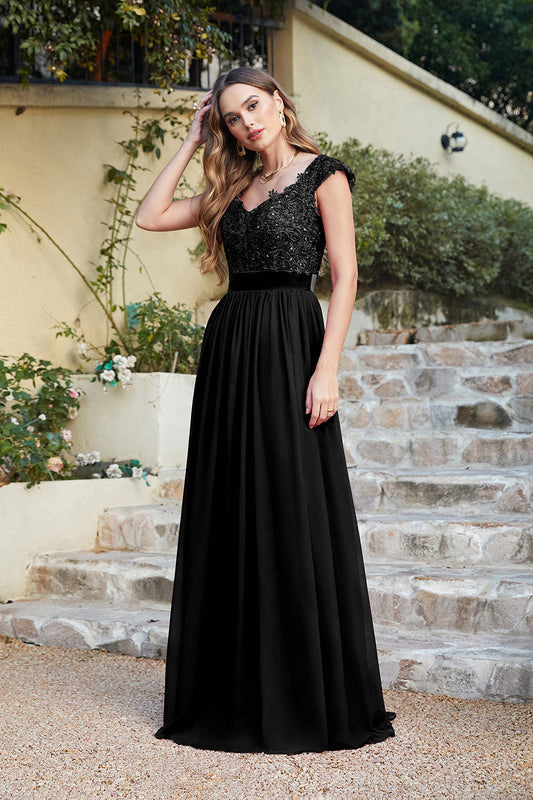 Black Chiffon Lace Bridesmaid Dress Cap Sleeve Formal Dress