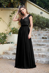 Black Chiffon Lace Bridesmaid Dress Cap Sleeve Formal Dress