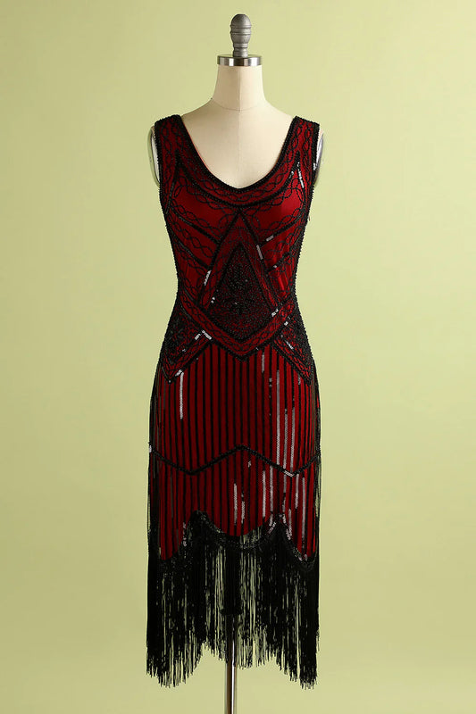 Burgundy 1920s Scoop Neck Sleeveless Gatsby Dress with Fringe