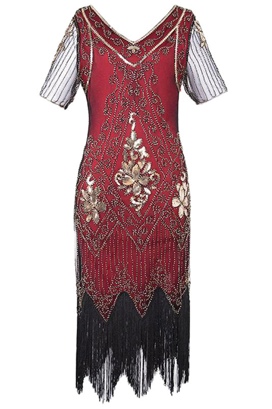 Gold Red Fringe 1920s Short Sleeve V-Neck Flapper Dress