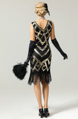 Black Silver Sleeveless Scoop Neck Fringe Flapper 1920s Dress