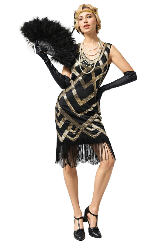 Black Gold Sleeveless Scoop Neck Fringe Flapper 1920s Dress