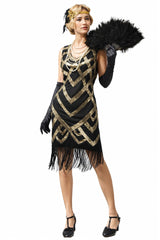 Black Silver Sleeveless Scoop Neck Fringe Flapper 1920s Dress