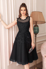 Navy Crew Neck Graduation Dress Tulle Appliques A Line Wedding Party Dress