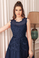 Navy Crew Neck Graduation Dress Tulle Appliques A Line Wedding Party Dress