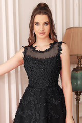 Navy Crew Neck Graduation Dress Tulle Appliques A Line Wedding Party Dress