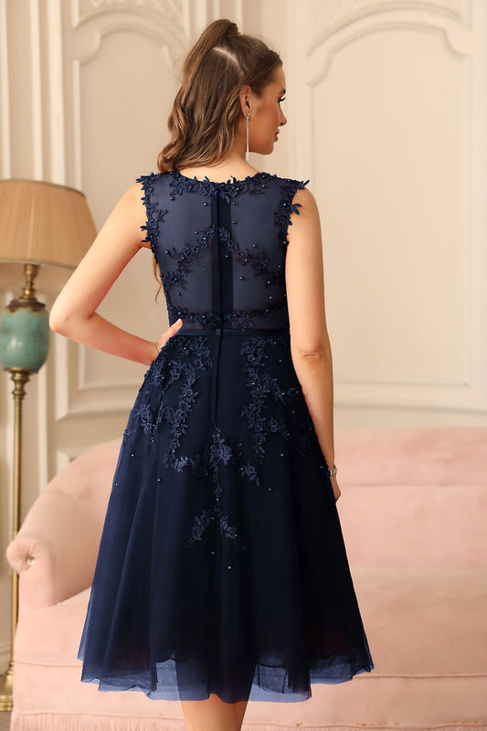 Navy Crew Neck Graduation Dress Tulle Appliques A Line Wedding Party Dress