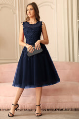 Navy Crew Neck Graduation Dress Tulle Appliques A Line Wedding Party Dress