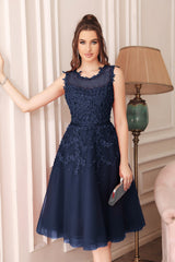 Navy Crew Neck Graduation Dress Tulle Appliques A Line Wedding Party Dress