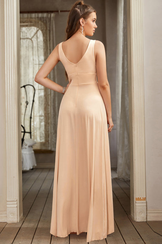 Champagne Bridesmaid Dress Sleeveless V Neck Evening Dress With Slit