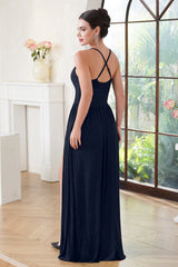 Navy Bridesmaid Dress Spaghetti Straps Formal Dress