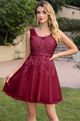 Pink Tulle Homecoming Dress A Line Sleeveless Short Prom Dress with Appliques