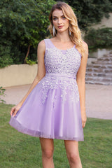 Pink Tulle Homecoming Dress A Line Sleeveless Short Prom Dress with Appliques